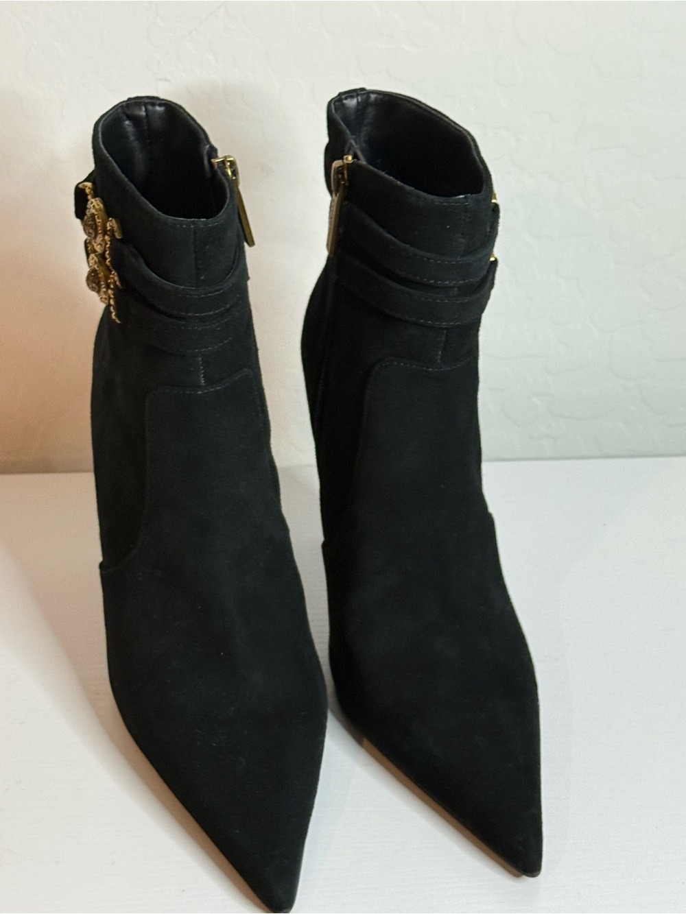 Kurt Geiger Manson Black Suede Pointed Ankle Boots with Gold Medallion Straps - Picture 2 of 7